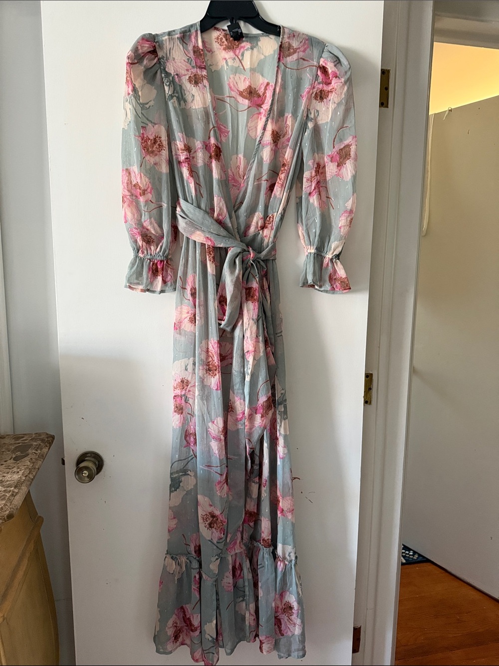 Express Floral Wrap Maxi Dress in Light Blue and Pink